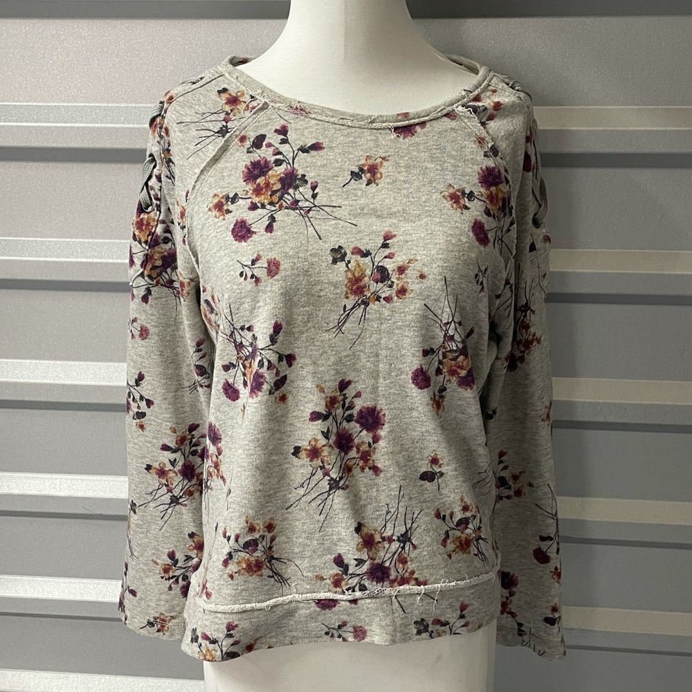 Shabby Chic Floral Lace Up Shoulder Gray Sweatshirt by Xhilaration